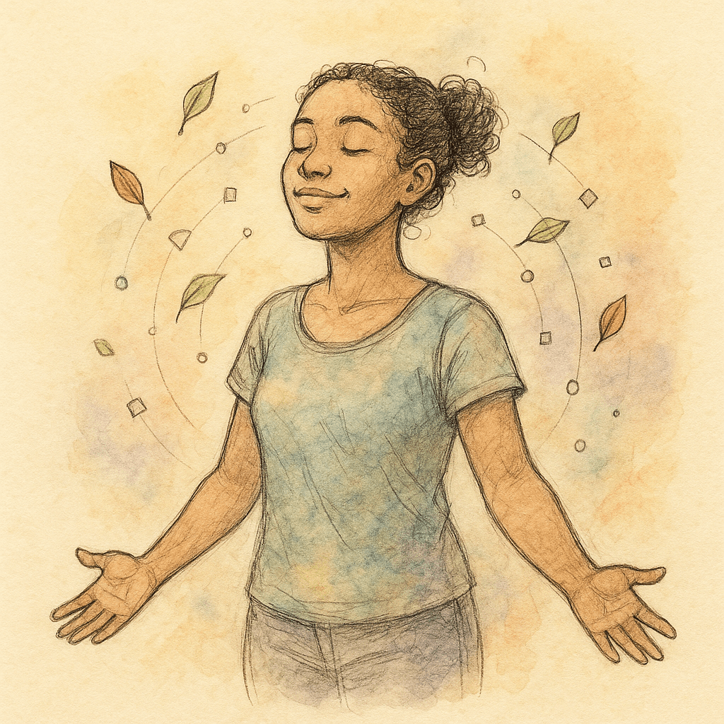 A flourishing human at the center of the HumanOS ecosystem, surrounded by tools for growth